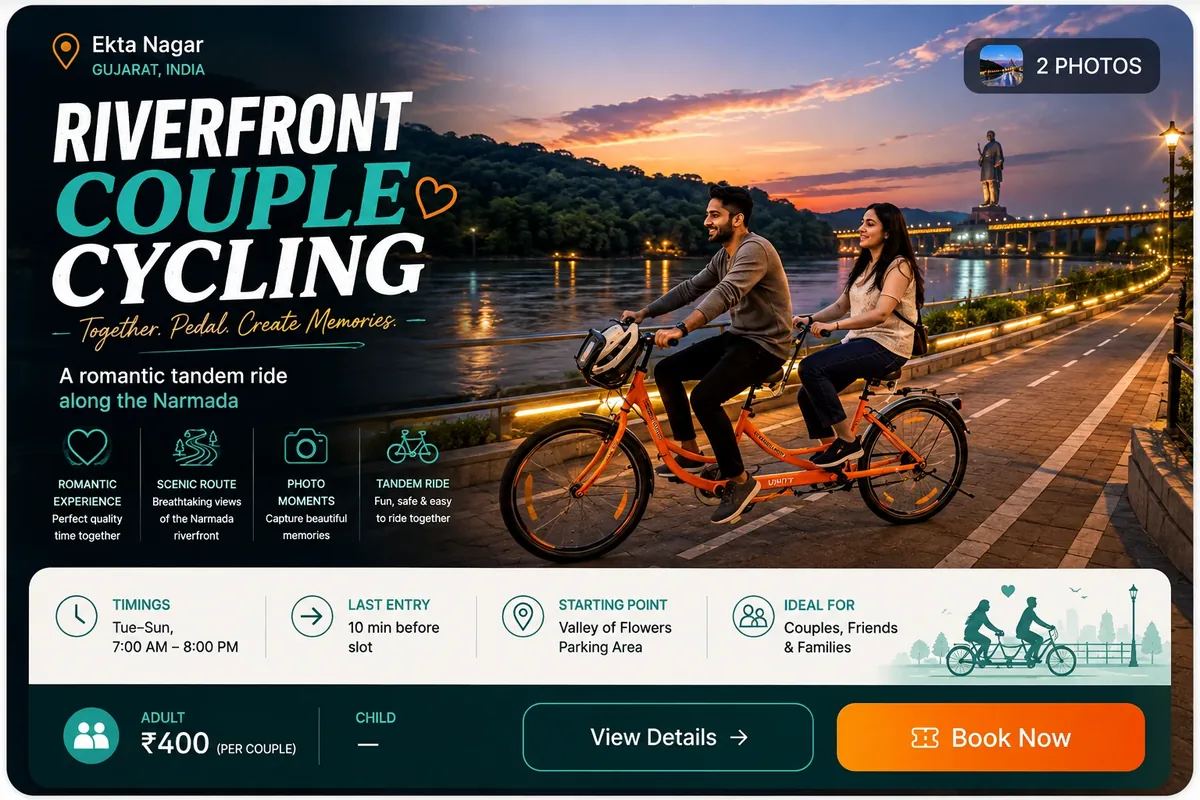 Riverfront Couple Cycling at Statue of Unity — key info at a glance