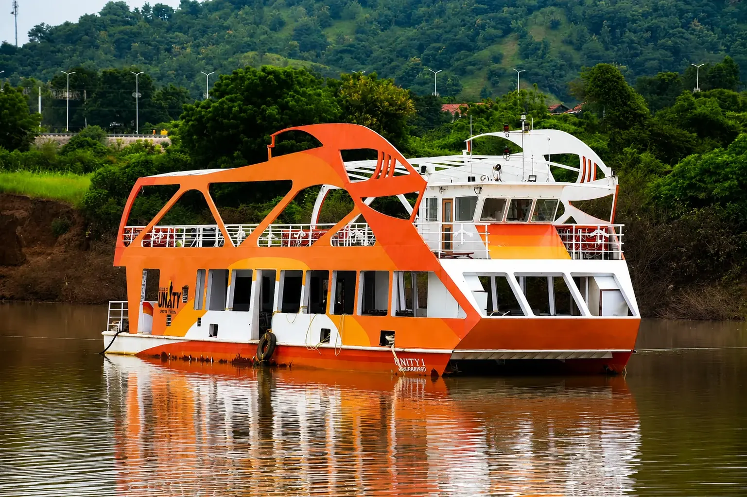 Visitors boarding the Ekta Cruise boat on the Narmada